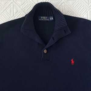 Polo Ralph Lauren Mock Neck 3-Button Pullover Sweater Ribbed Collar Navy Blue XL